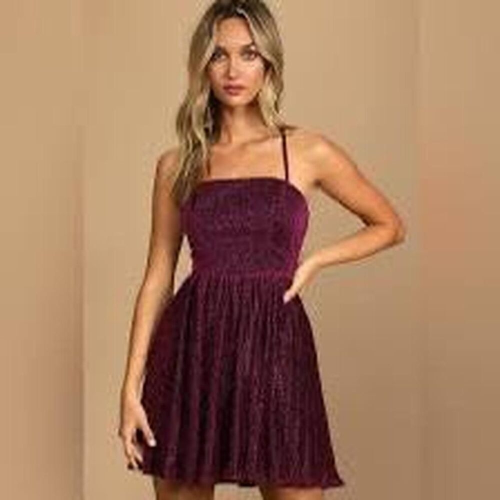 Lulus Party Era Magenta Sparkly Lace-Up Pleated Skater Dress Sz XL NWT